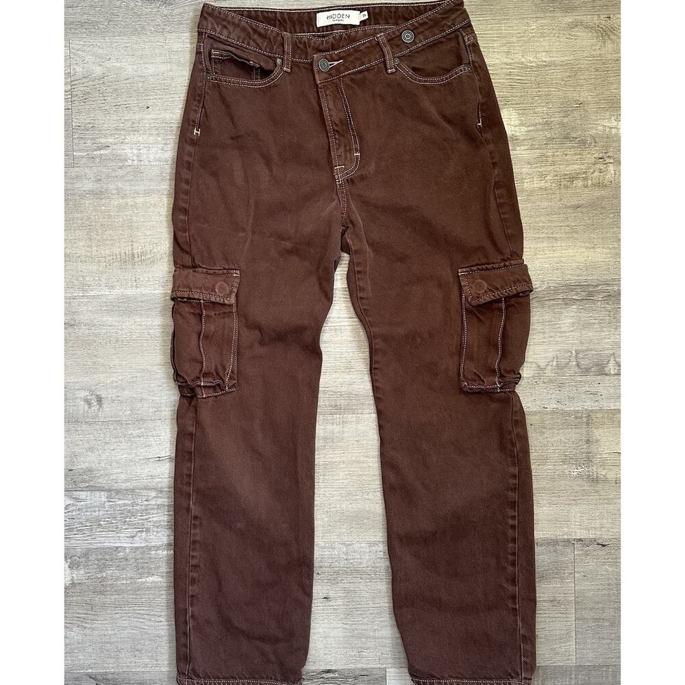HIDDEN Brown Cargo Straight High Rise Medium Wash Cotton Denim Jeans Women's
